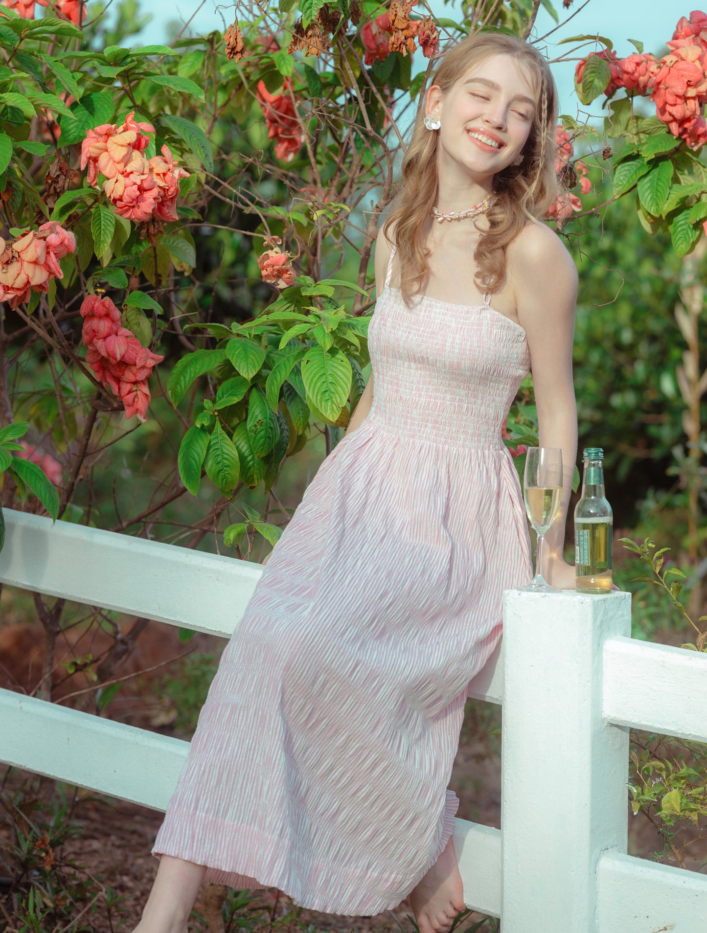 Sunlit Breeze Smocked Maxi Dress Pink Stripe