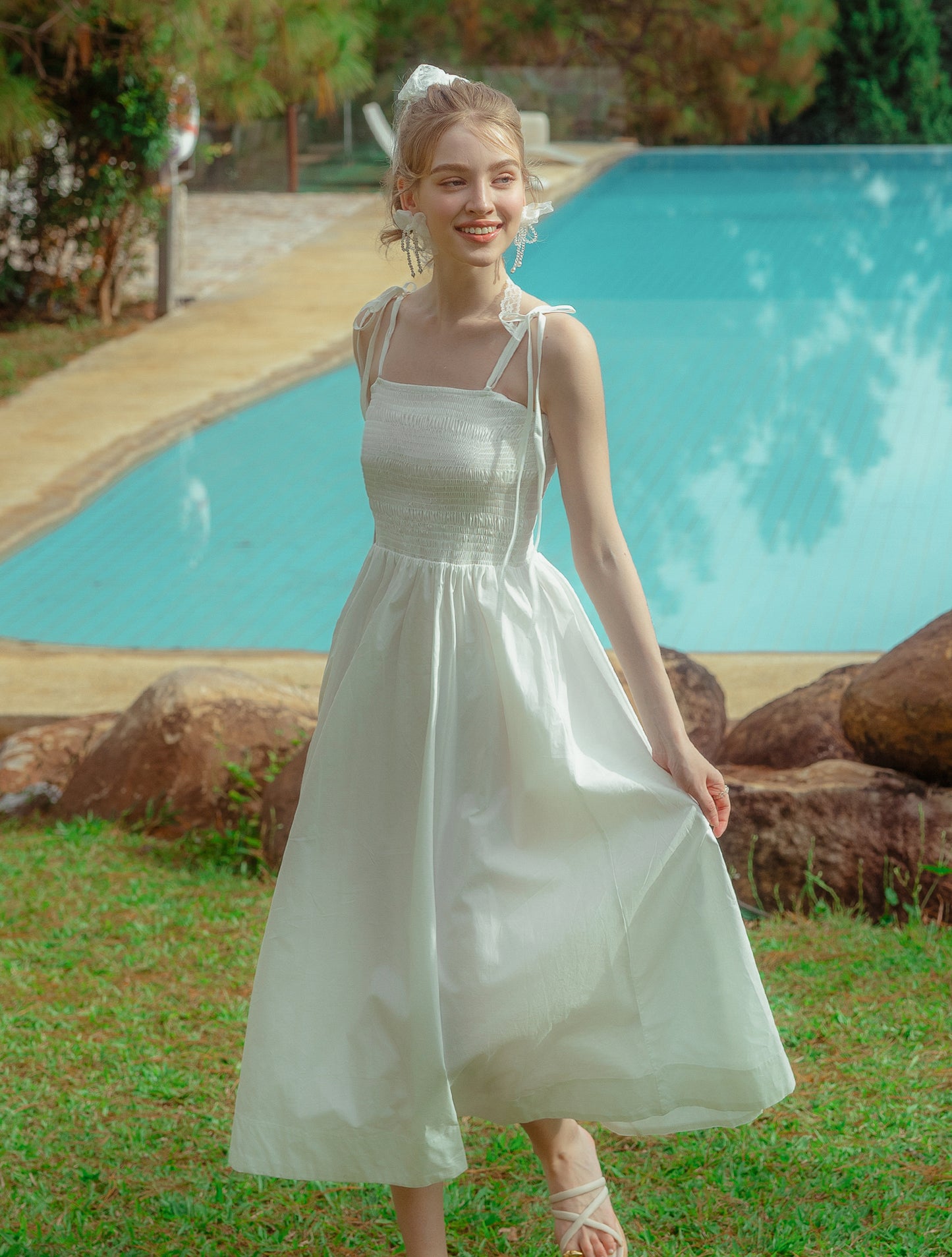 Sunlit Breeze Smocked Maxi Dress White