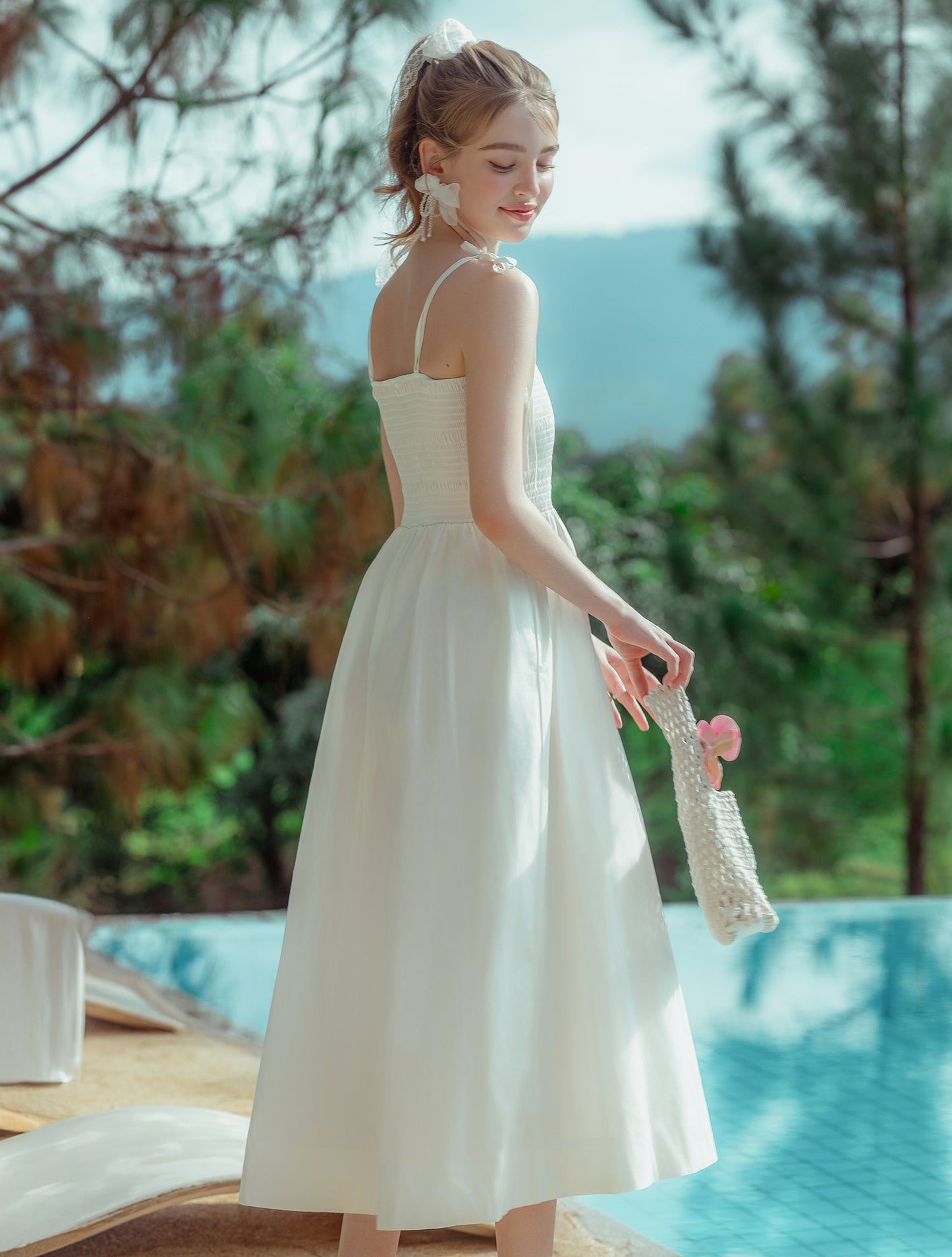 Sunlit Breeze Smocked Maxi Dress White