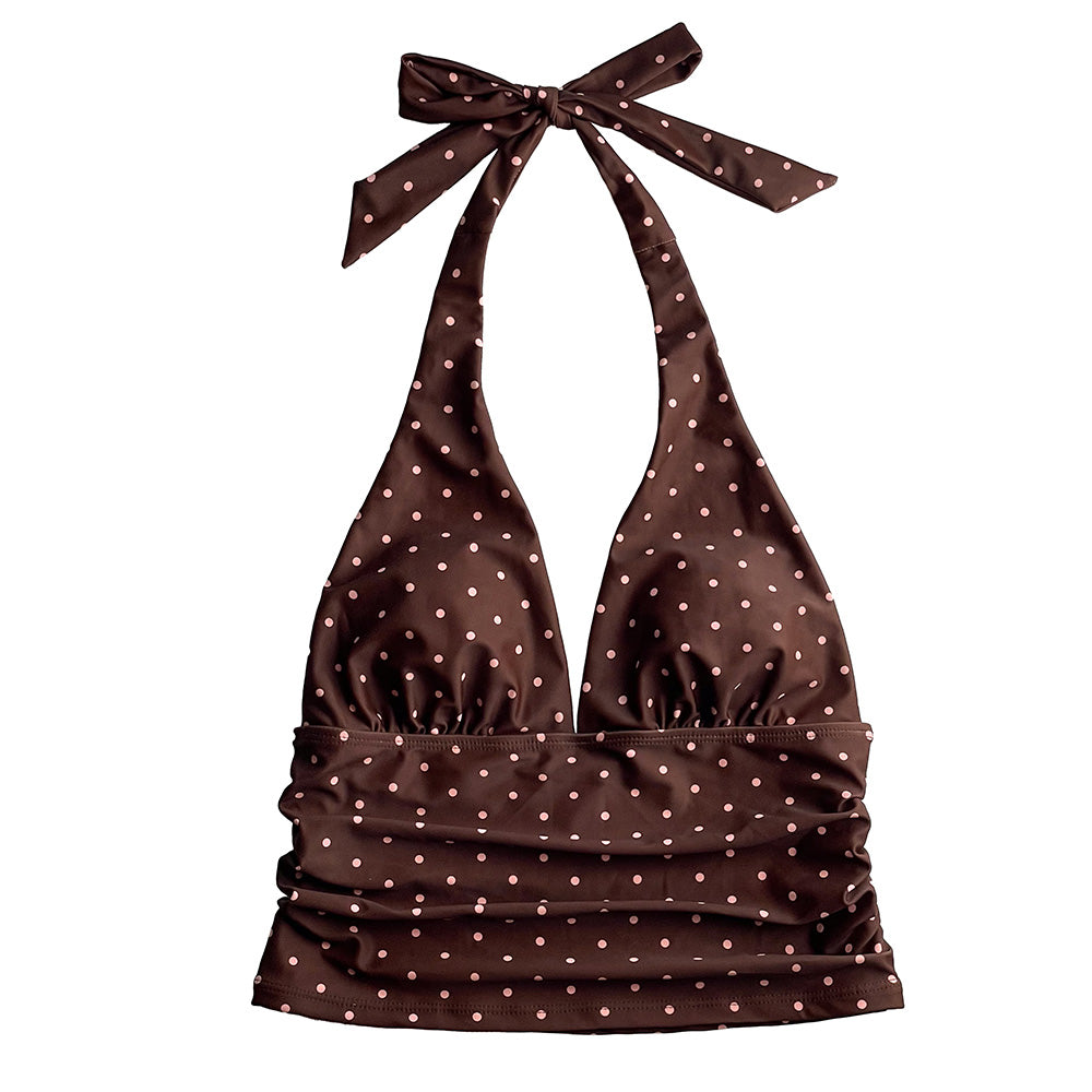 Polkadot Halter Tankini top Cocoa brown with Pink dots