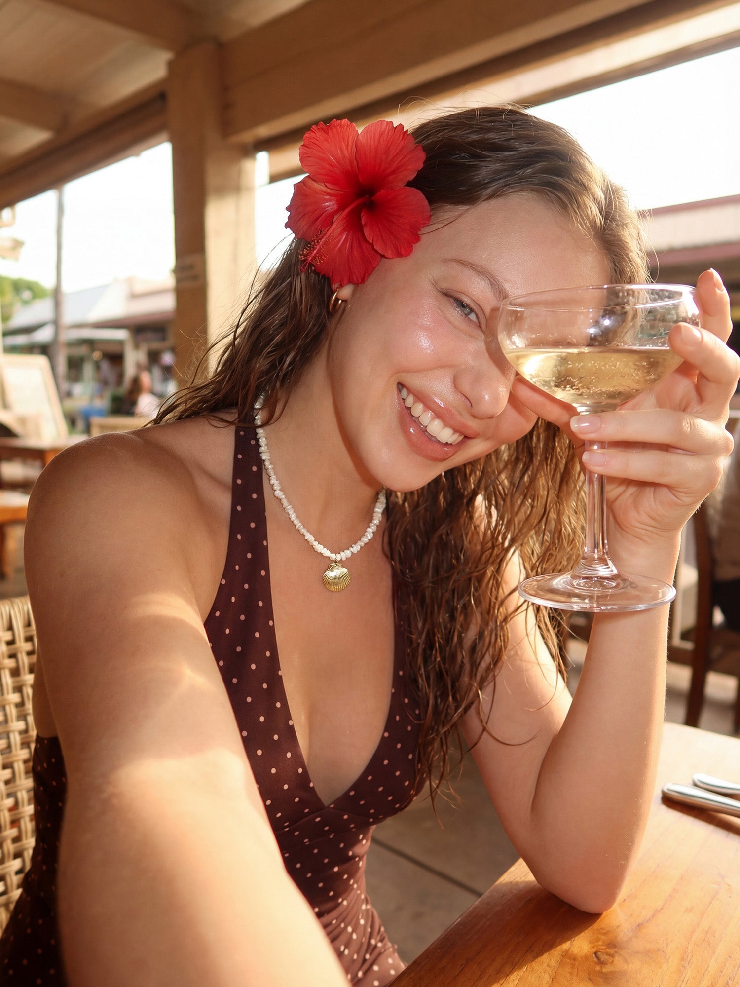 Polkadot Halter Tankini top Cocoa brown with Pink dots