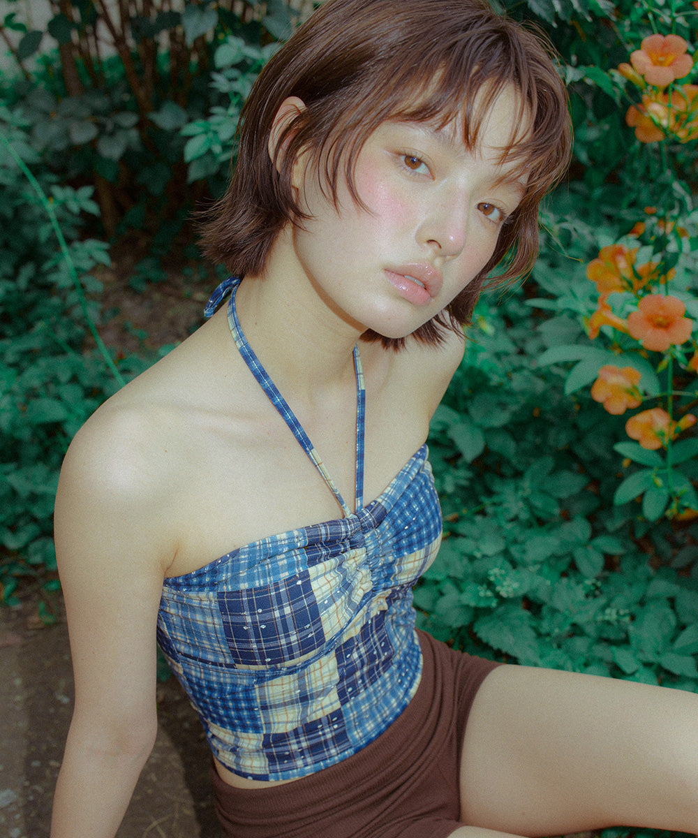 Blue Madras Halter Strap Bikini Top
