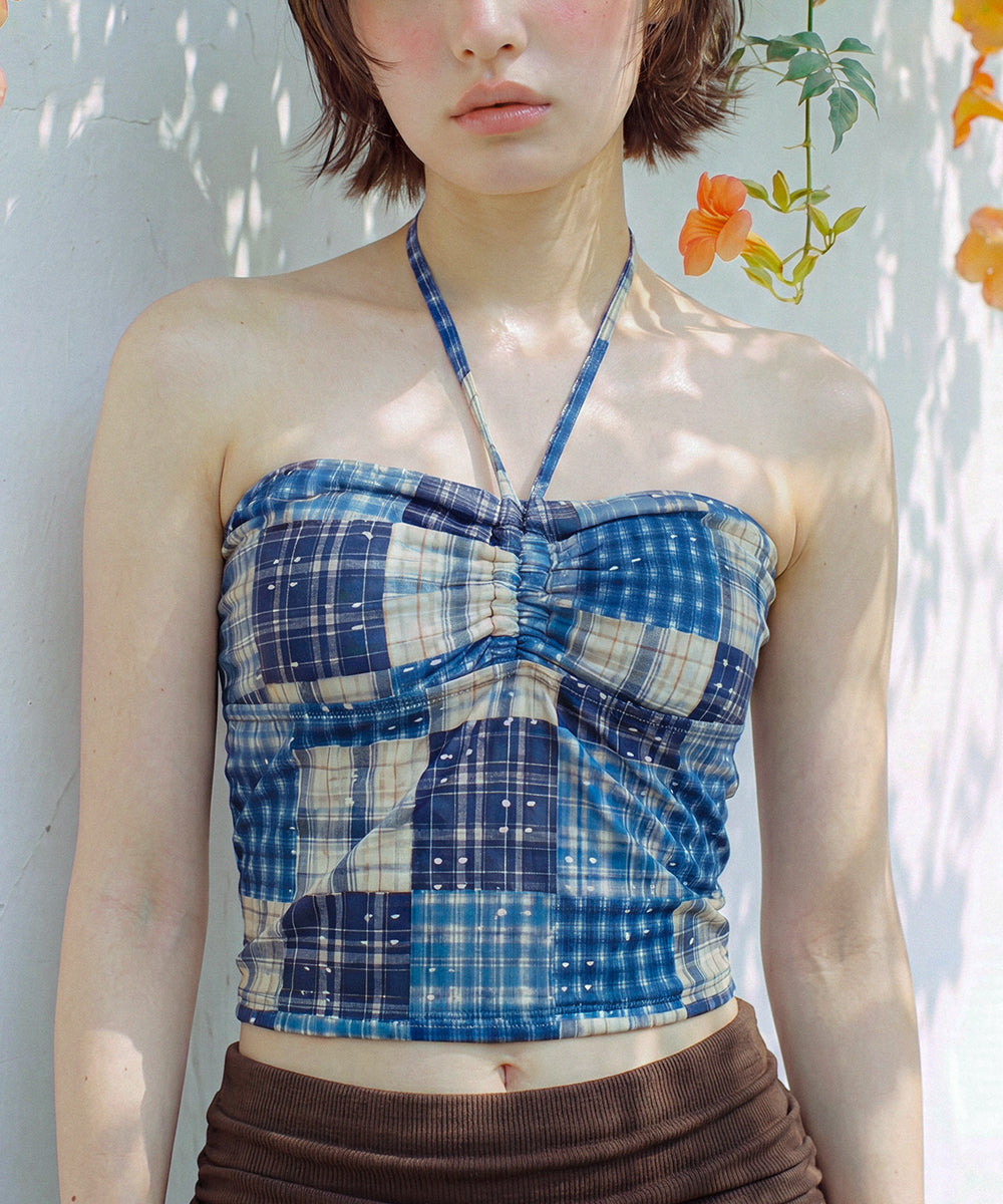 Blue Madras Halter Strap Bikini Top