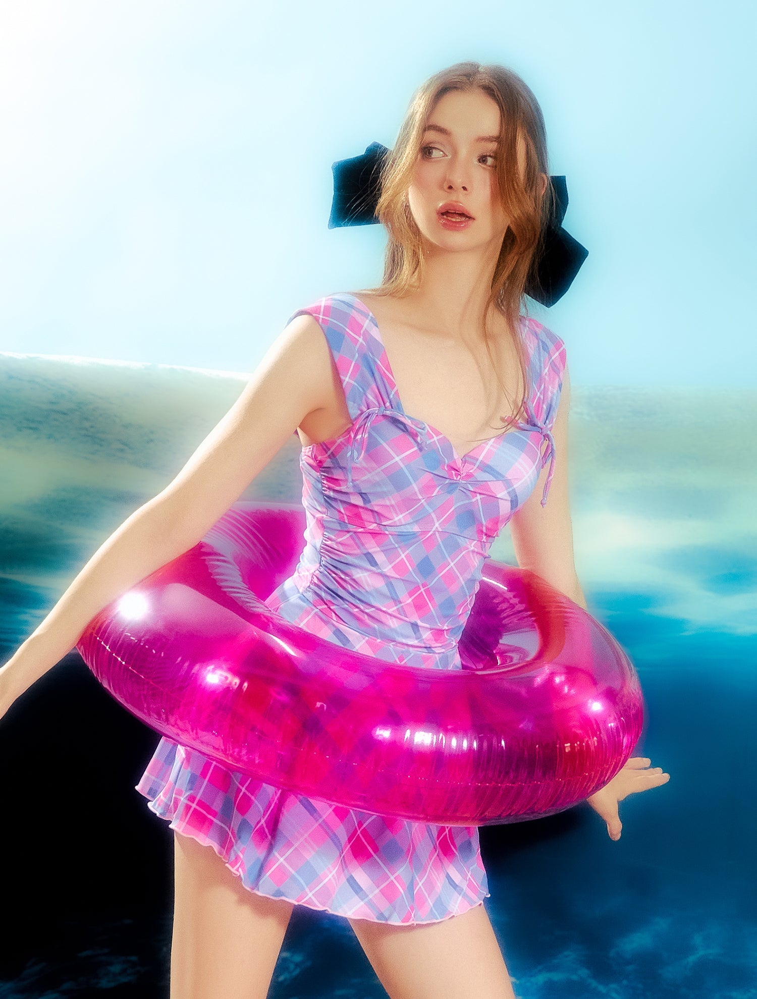 Traje de baño de una pieza con estampado de cuadros Plum Picnic, conjunto de 2 piezas