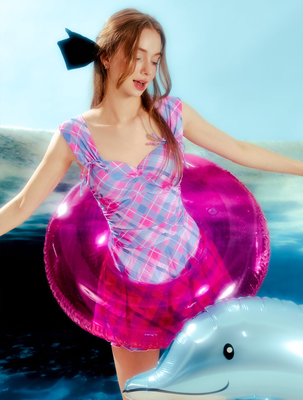 Traje de baño de una pieza con estampado de cuadros Plum Picnic, conjunto de 2 piezas