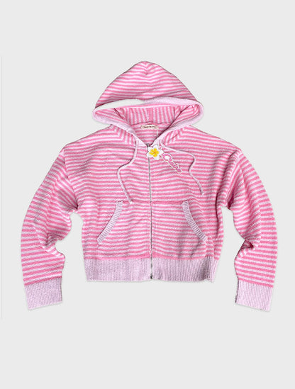 Terry Stripe Zip Up Hoodie Pink