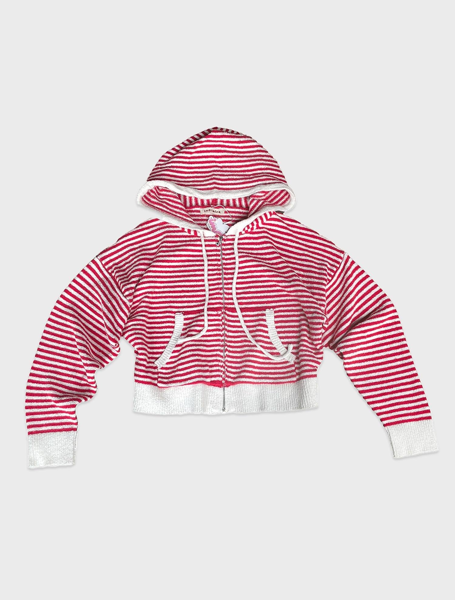 Terry Stripe Zip Up Hoodie Red