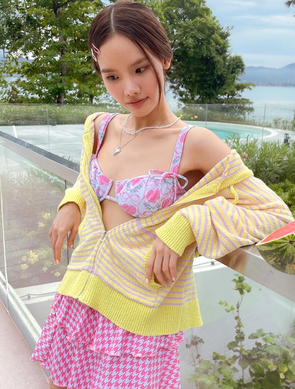 Terry Stripe Zip Up Hoodie Lemon