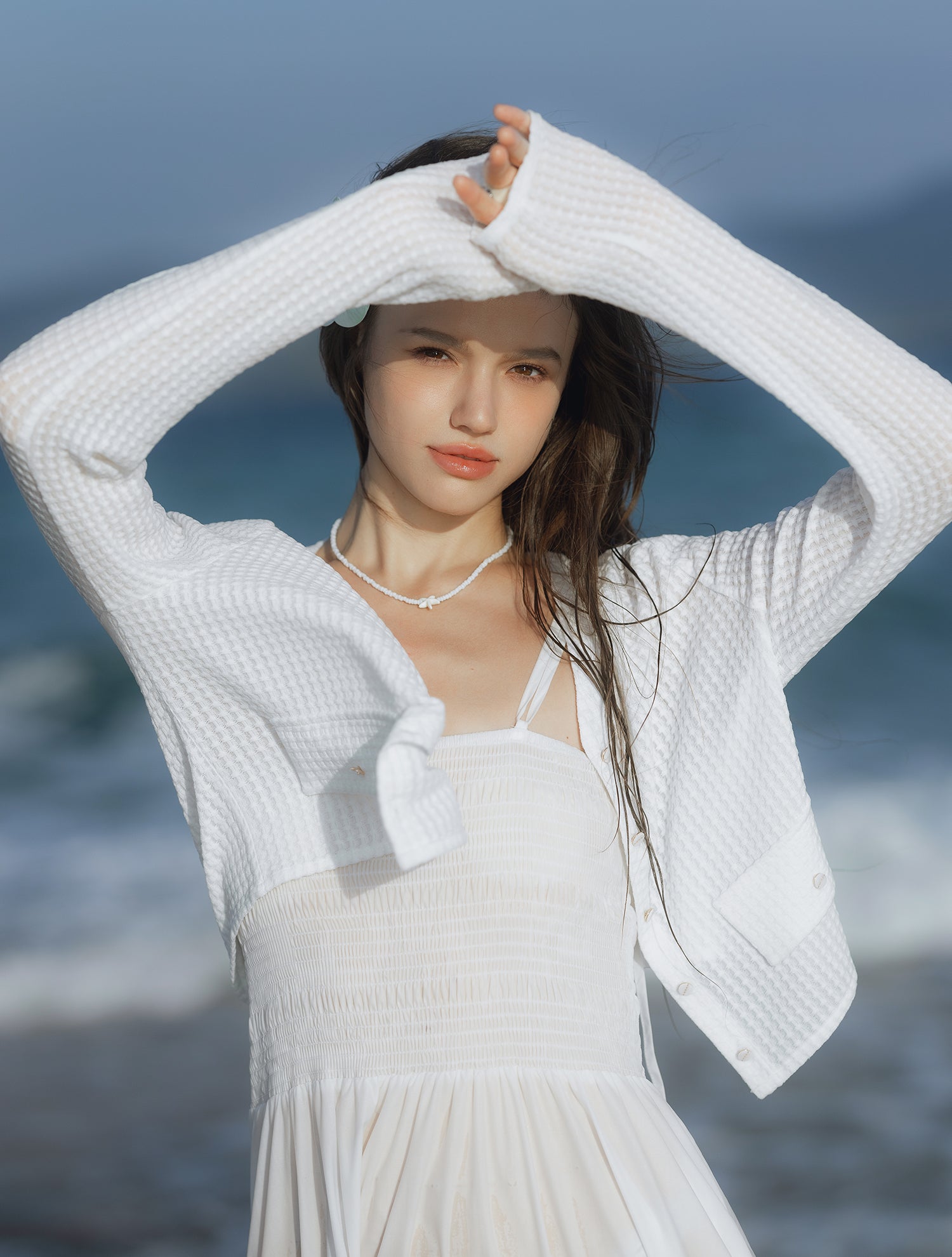 Breeze Waffle Swim Cardigan White