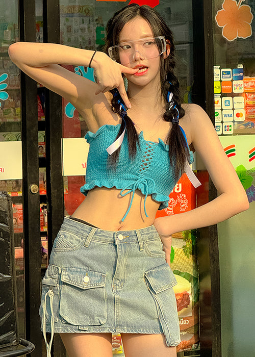 Asymmetric Pocket Denim Mini Skirt