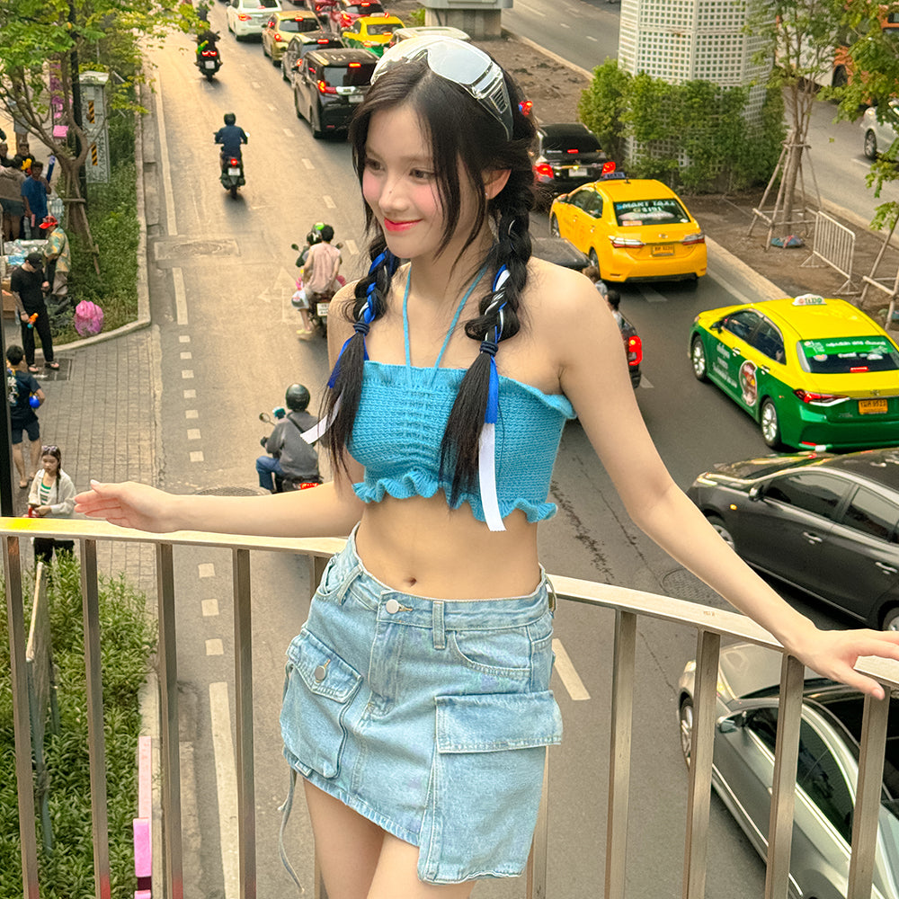 Asymmetric Pocket Denim Mini Skirt