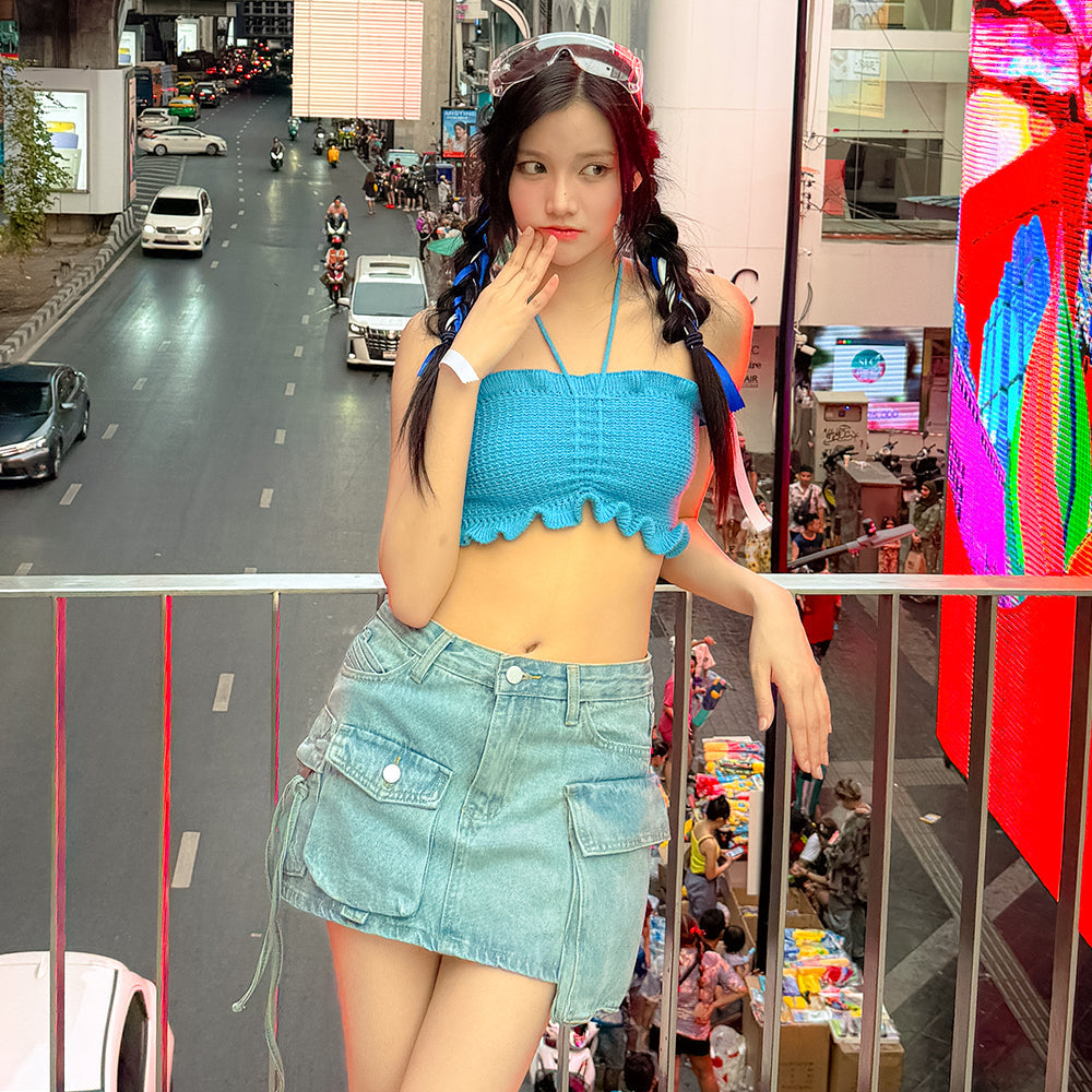 Asymmetric Pocket Denim Mini Skirt