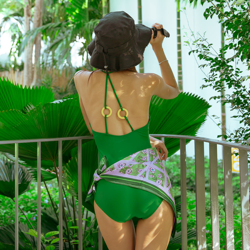 Green Halter Cut-Out One-Piece SwimSuit