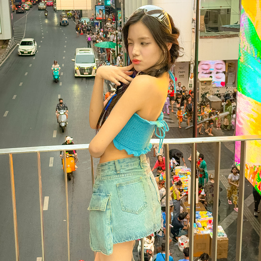 Asymmetric Pocket Denim Mini Skirt