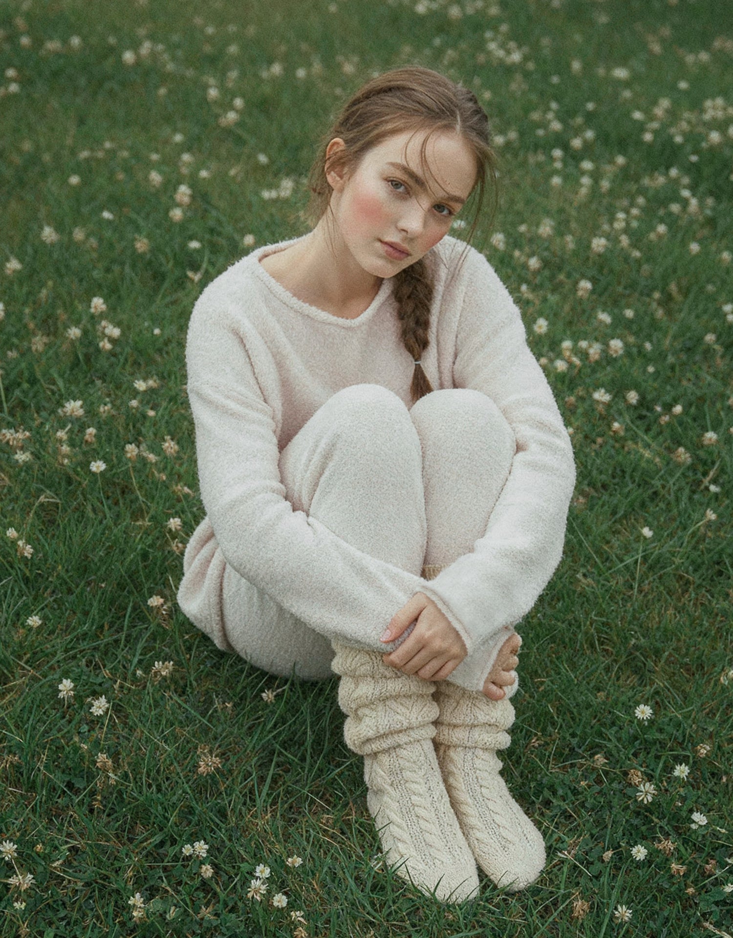 Fluffy Boat Neck Pajama Set - Beige Cozy Cloud Sleepwear