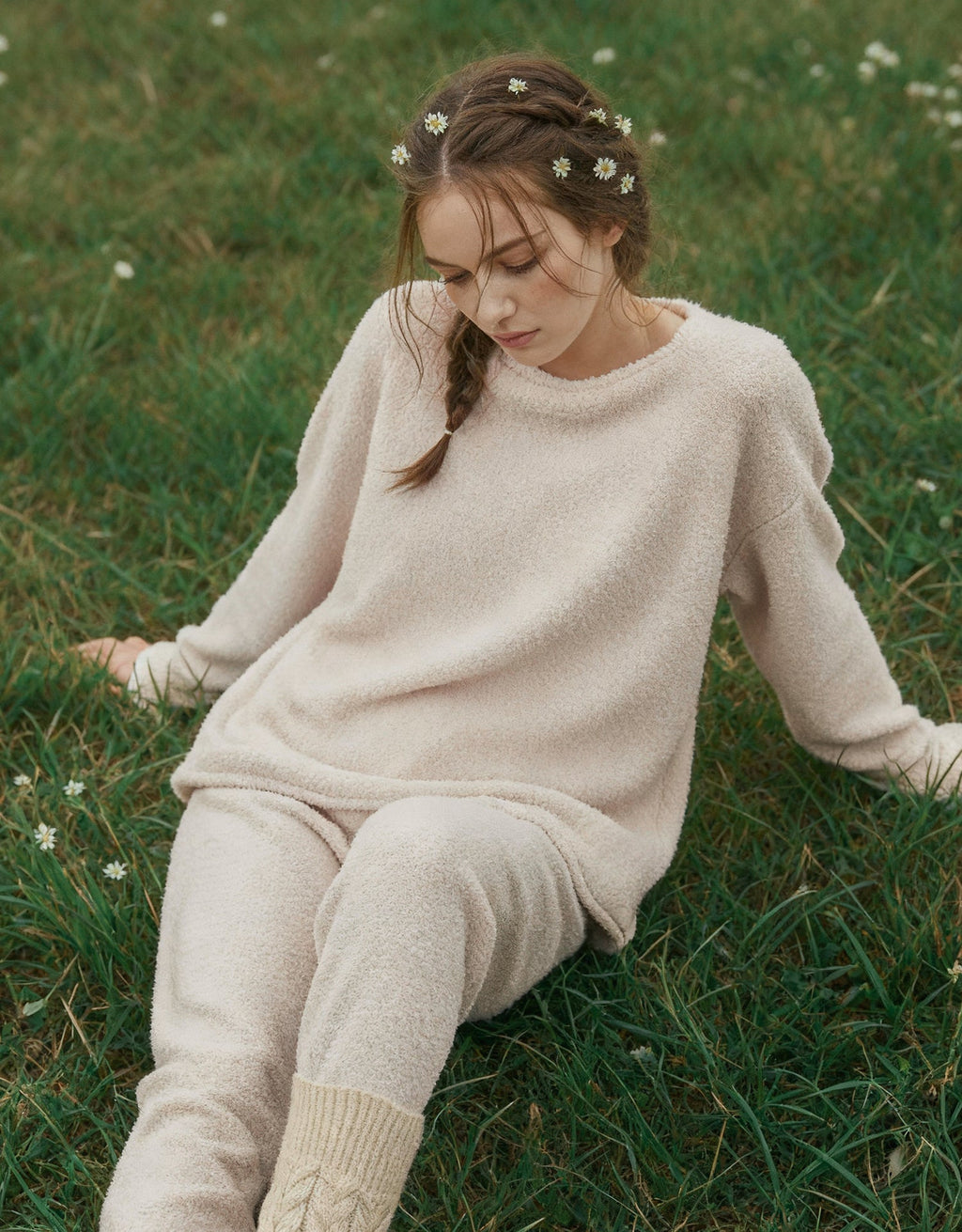 Fluffy Boat Neck Pajama Set - Beige Cozy Cloud Sleepwear