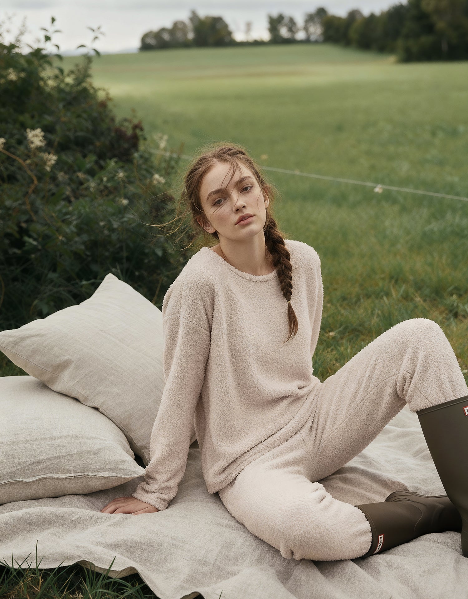 Fluffy Boat Neck Pajama Set - Black Cozy Cloud Sleepwear