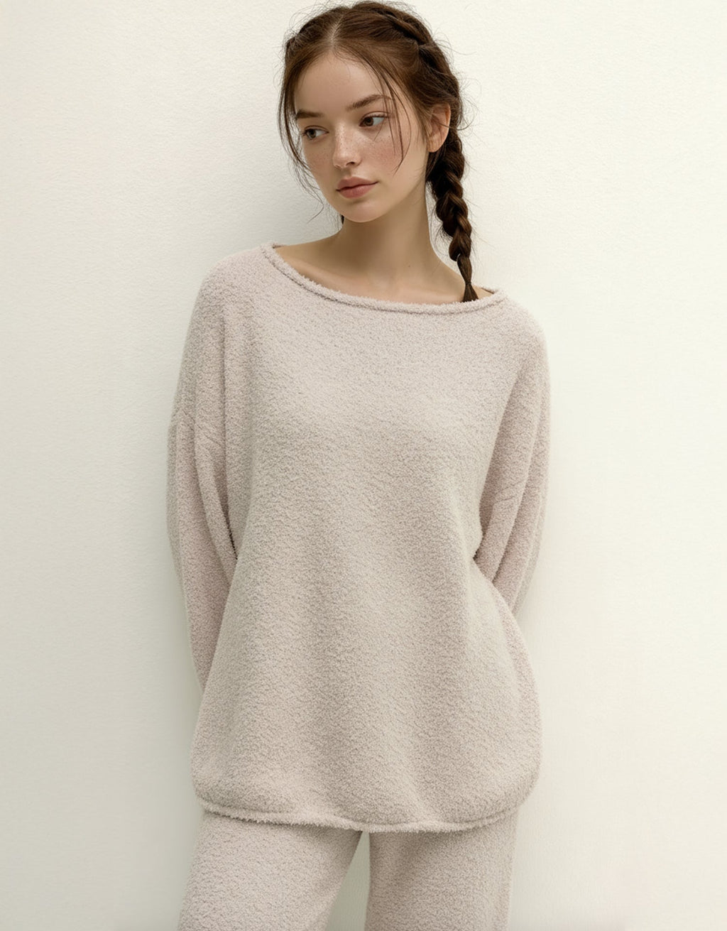 Fluffy Boat Neck Pajama Set - Black Cozy Cloud Sleepwear