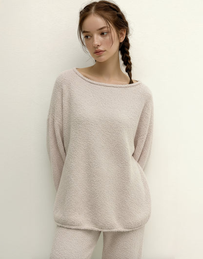 Fluffy Boat Neck Pajama Set - Beige Cozy Cloud Sleepwear