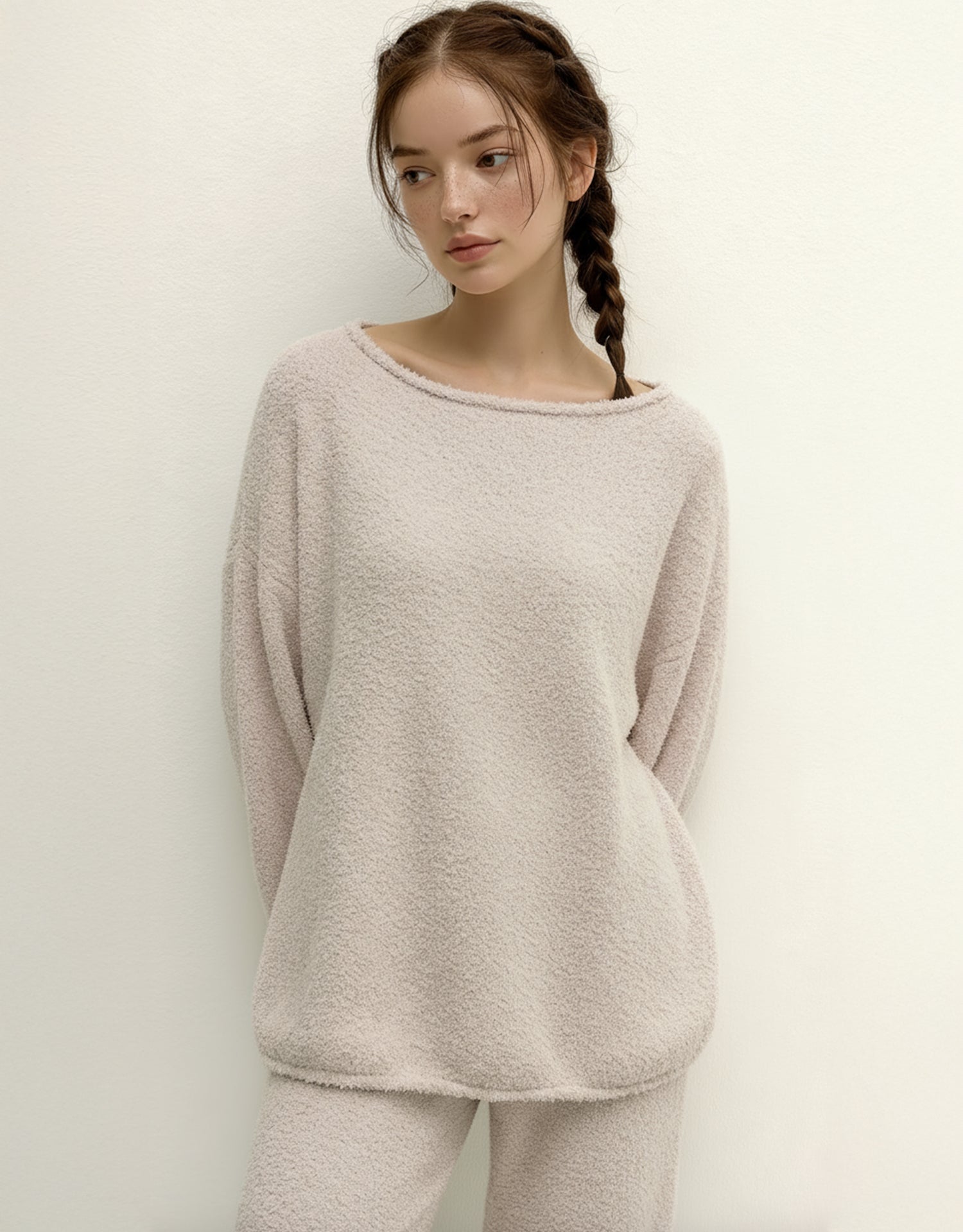 Fluffy Boat Neck Pajama Set - Beige Cozy Cloud Sleepwear