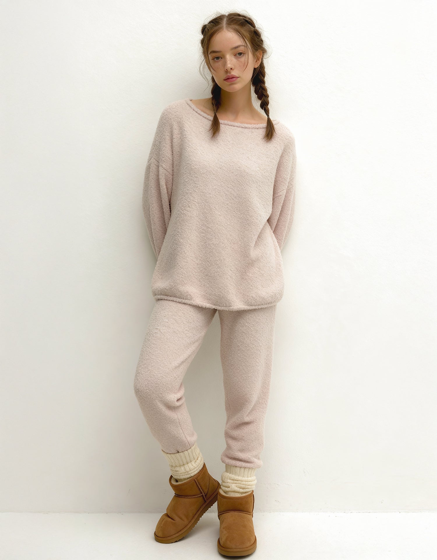 Fluffy Boat Neck Pajama Set - Black Cozy Cloud Sleepwear