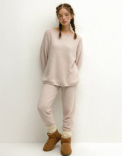 Fluffy Boat Neck Pajama Set - Beige Cozy Cloud Sleepwear