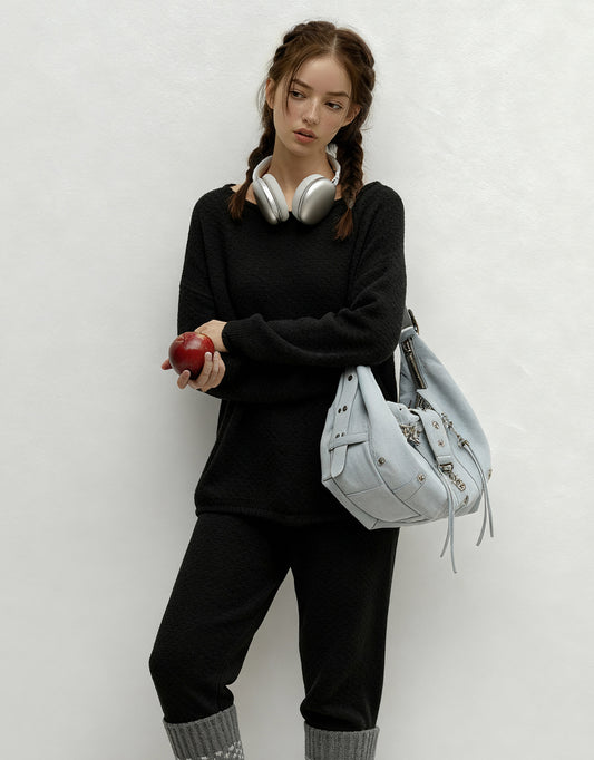 Fluffy Boat Neck Pajama Set - Black Cozy Cloud Sleepwear