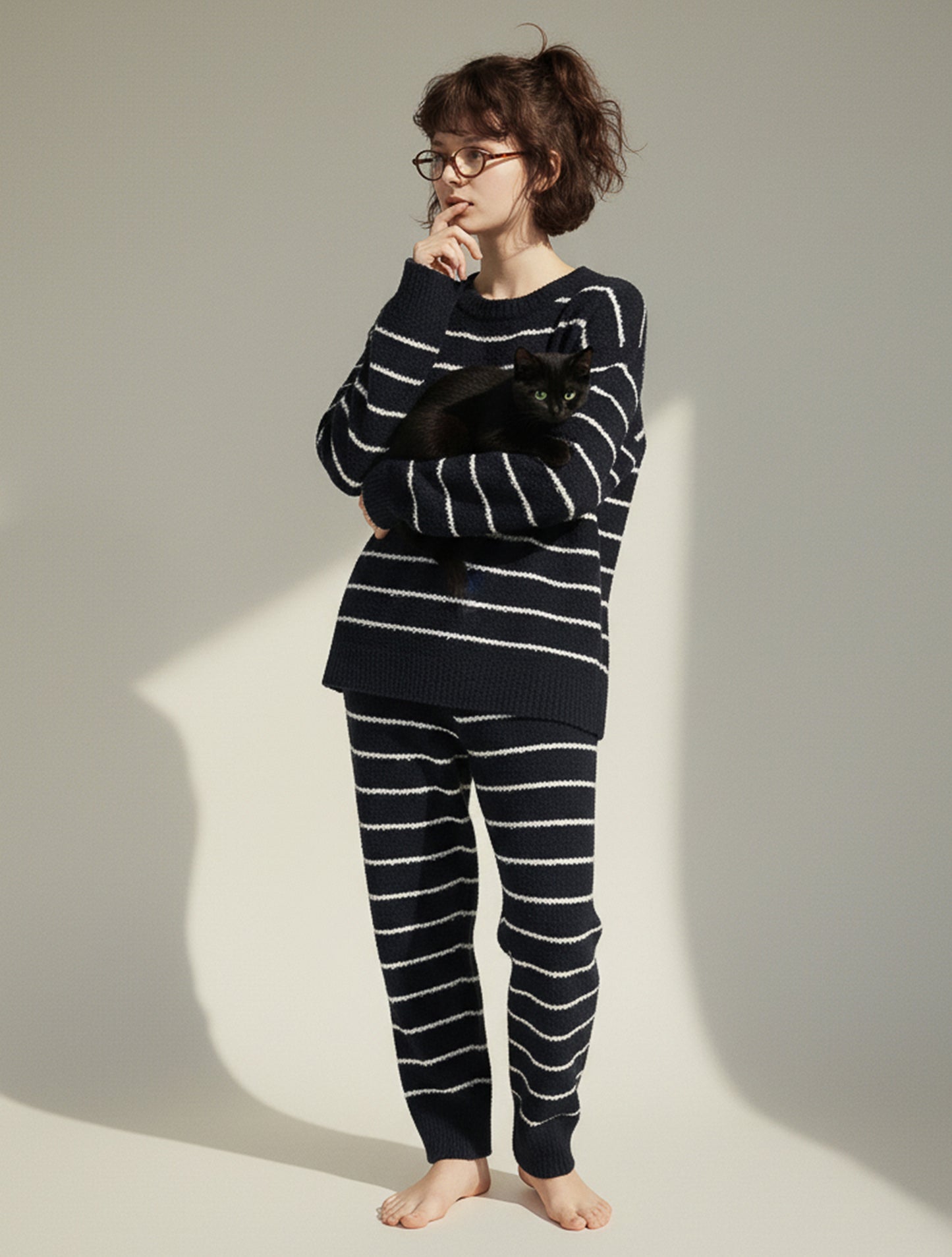 Chic Black Striped Fleece Pajama Set