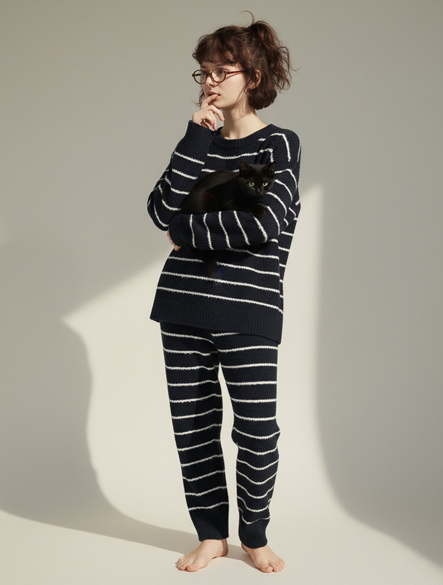 Chic Black Striped Fleece Pajama Set