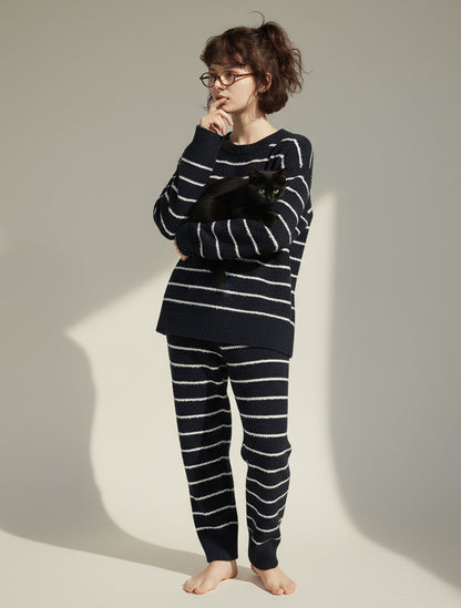 Chic Black Striped Fleece Pajama Set