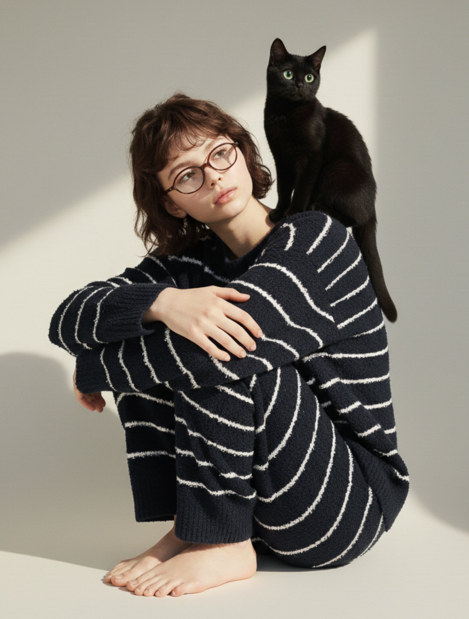 Chic Black Striped Fleece Pajama Set