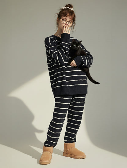 Chic Black Striped Fleece Pajama Set